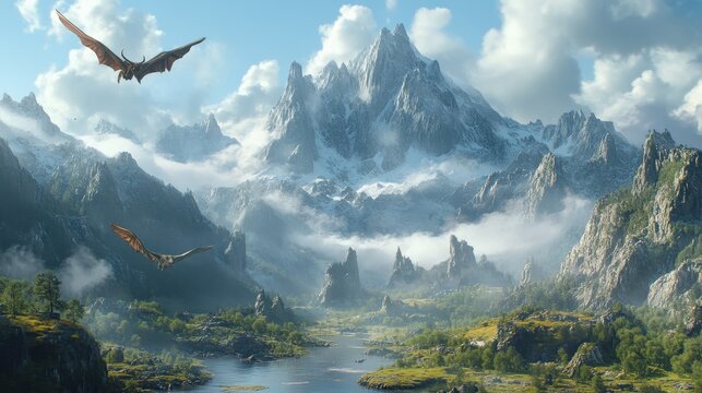 Captivating fantasy landscape with towering mountains, mythical creatures, and a serene sky, inviting exploration and adventure.