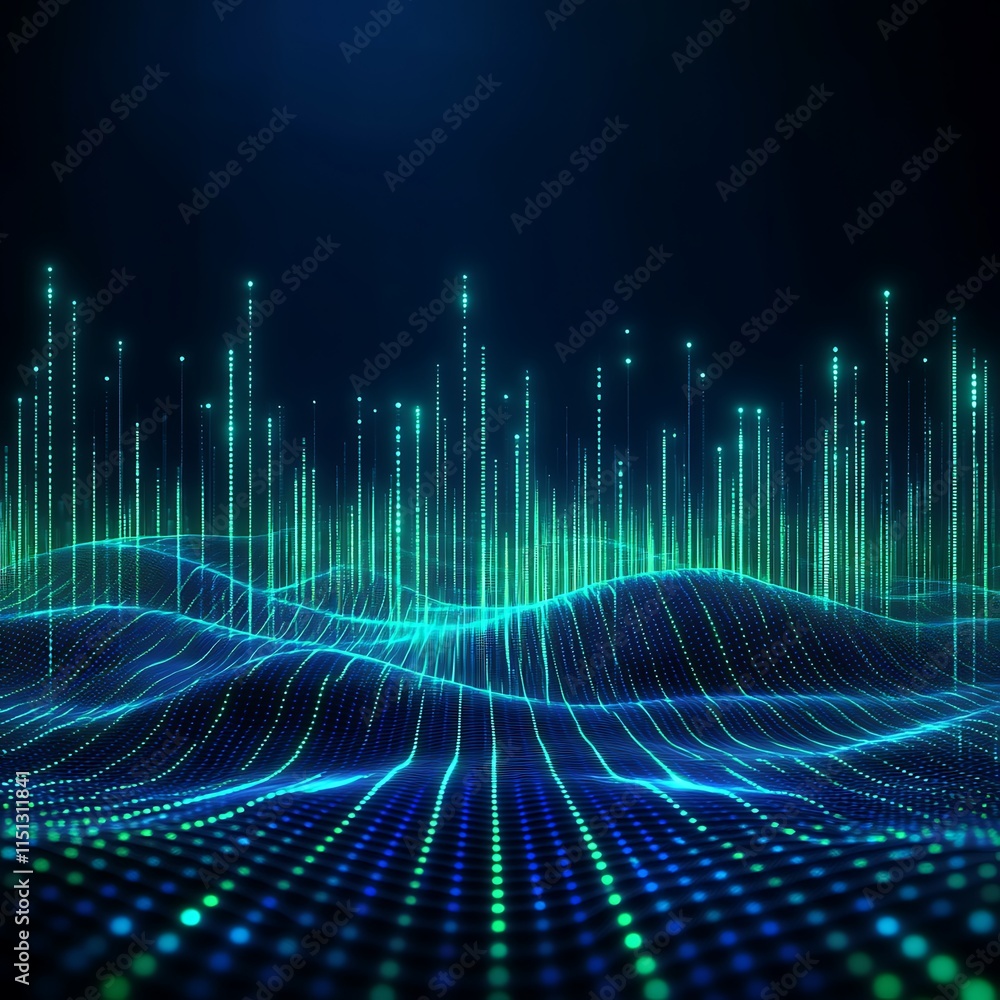 Poster abstract digital landscape with blue and green waves representing sound waveforms and data flow in d