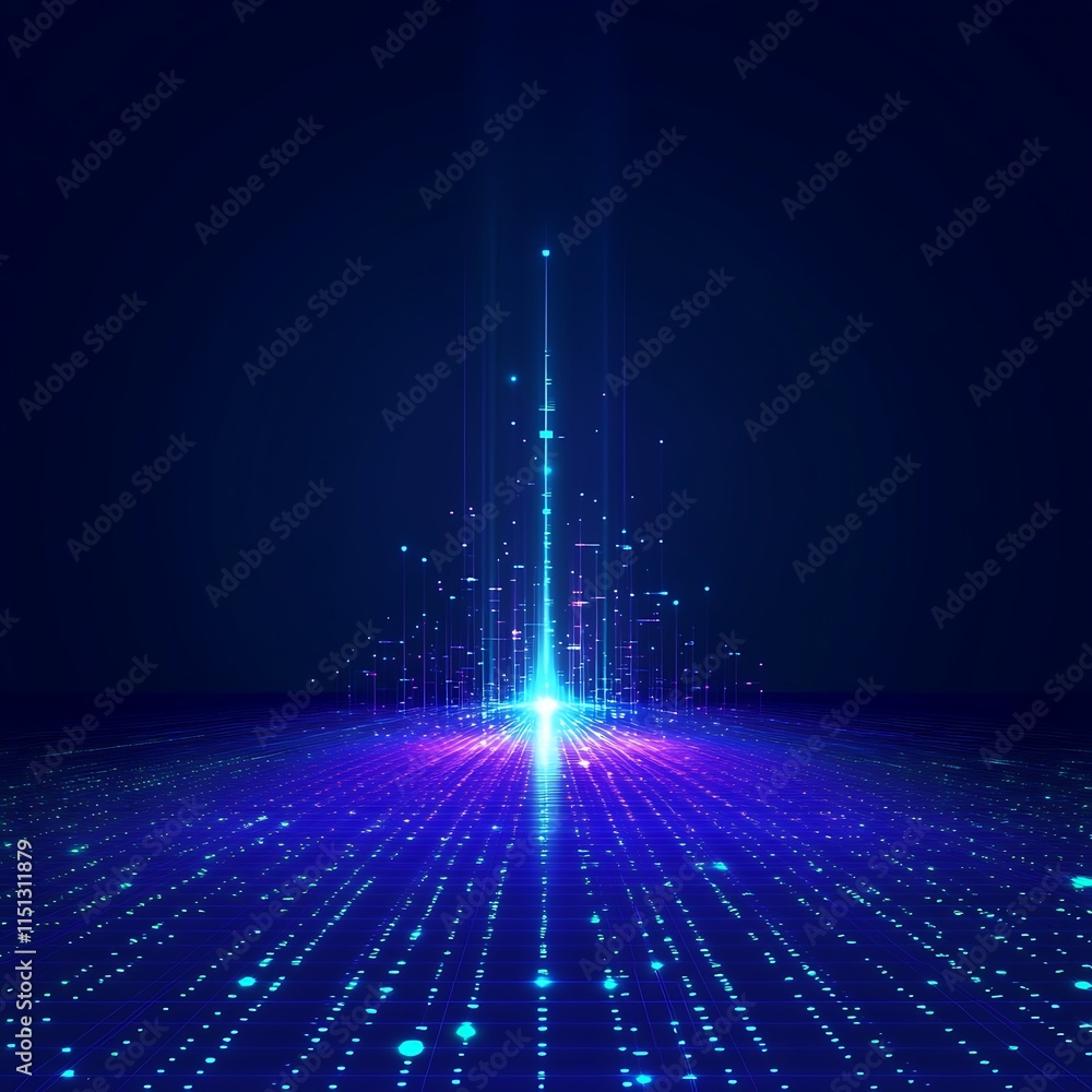 Poster abstract digital landscape with colorful light rays and sparkling particles in a dark background