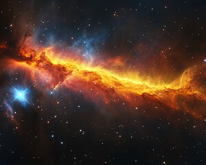 Fototapeta premium A detailed astrophotography image of a nebula, with glowing dust clouds and vibrant colors of red, yellow, and blue, illuminated by distant stars in deep space