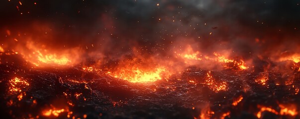 A dark scene with a fire burning brightly, coals glowing redhot beneath the intense flames, casting light in the surrounding darkness and creating a fiery glow