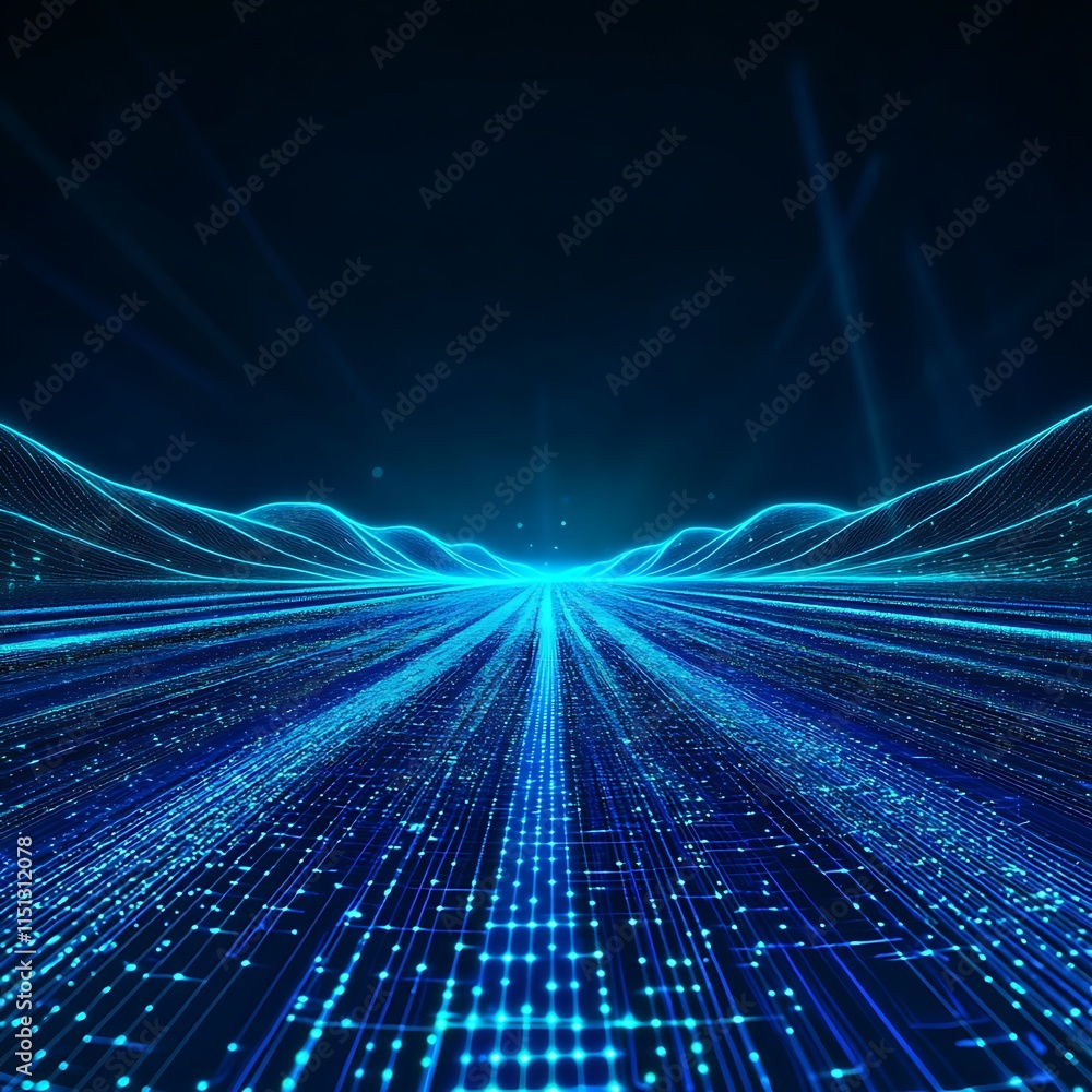 Poster abstract digital landscape with flowing lines and bright particles representing technology and commu