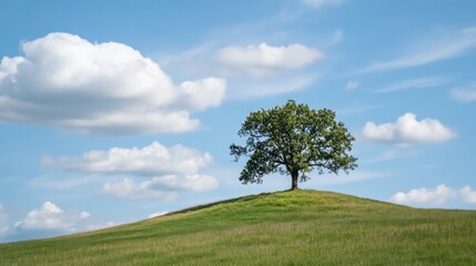 Obraz premium solitary green tree rises on a gentle hill, surrounded by lush grass. Fluffy clouds drift across a bright blue sky, creating a peaceful and serene atmosphere in nature