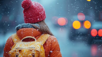 person in an orange jacket and red hat stands on a snowy street, watching the blurred lights of traffic in the distance. Snowflakes fall gently, creating a serene winter atmosphere
