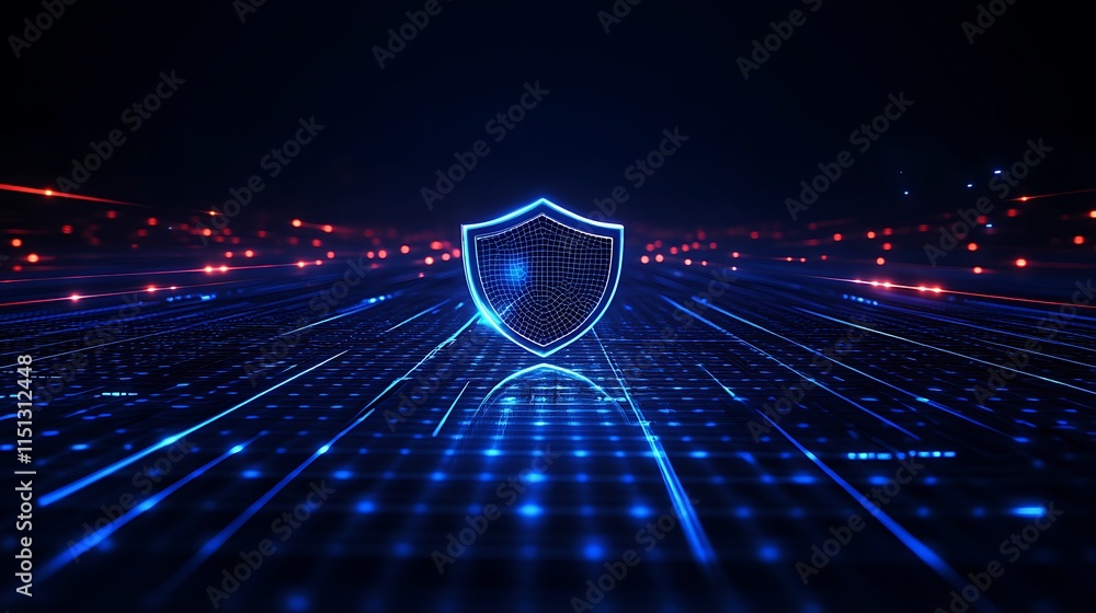 Poster abstract digital representation of a shield symbolizing security and protection in a futuristic envi