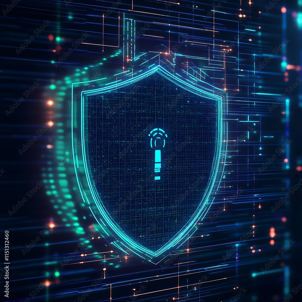 Poster abstract digital security shield with glowing lines and circuit patterns on blue background for tech