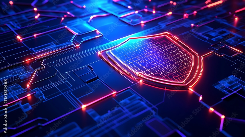 Poster abstract digital security shield design with neon lights and geometric patterns for technology conce