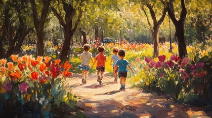 Fototapeta premium Children playing joyfully in a park, surrounded by trees and colorful flowers.