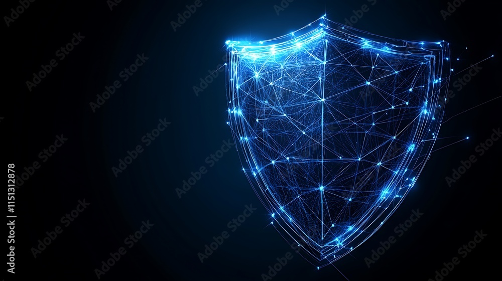 Poster abstract digital shield design with glowing lines and dots on dark background for security and prote