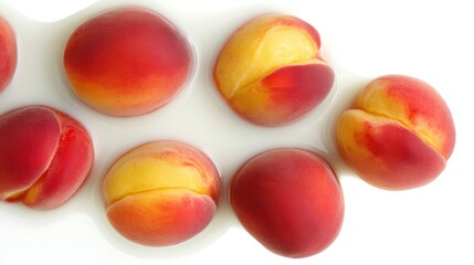A vibrant display of ripe peaches showcasing their fuzzy skin and rich colors, arranged in a neat line against a white background.