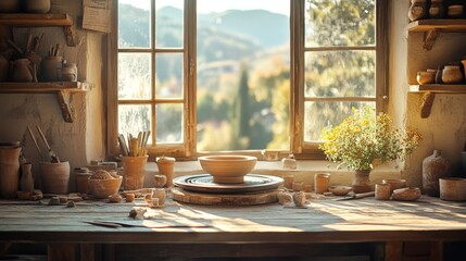 A pottery studio with a spinning wheel.