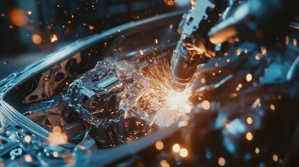 Fototapeta premium Robotic arm welding car engine sparks.