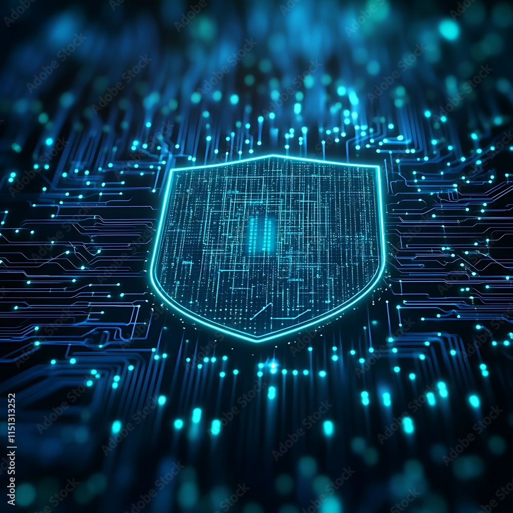 Poster abstract digital shield on futuristic circuit board background with glowing blue lights and data vis