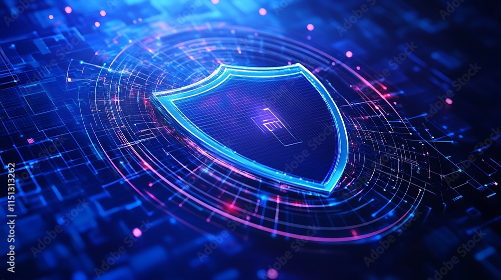 Poster abstract digital shield on blue circuit background representing cybersecurity and data protection co