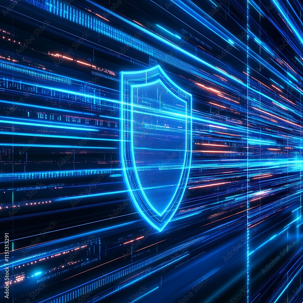 Poster abstract digital shield symbol with futuristic lines and light effects representing security and pro
