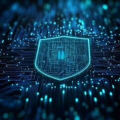 Abstract digital shield on futuristic circuit board background with glowing blue lights and data visualization