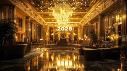 Luxurious gold-lit celebration with "2025" illuminating a grand hall