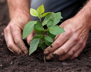 A man s hands carefully planting a tree sapling in the soil, with fresh dirt and healthy green leaves, under natural lighting and a peaceful outdoor setting