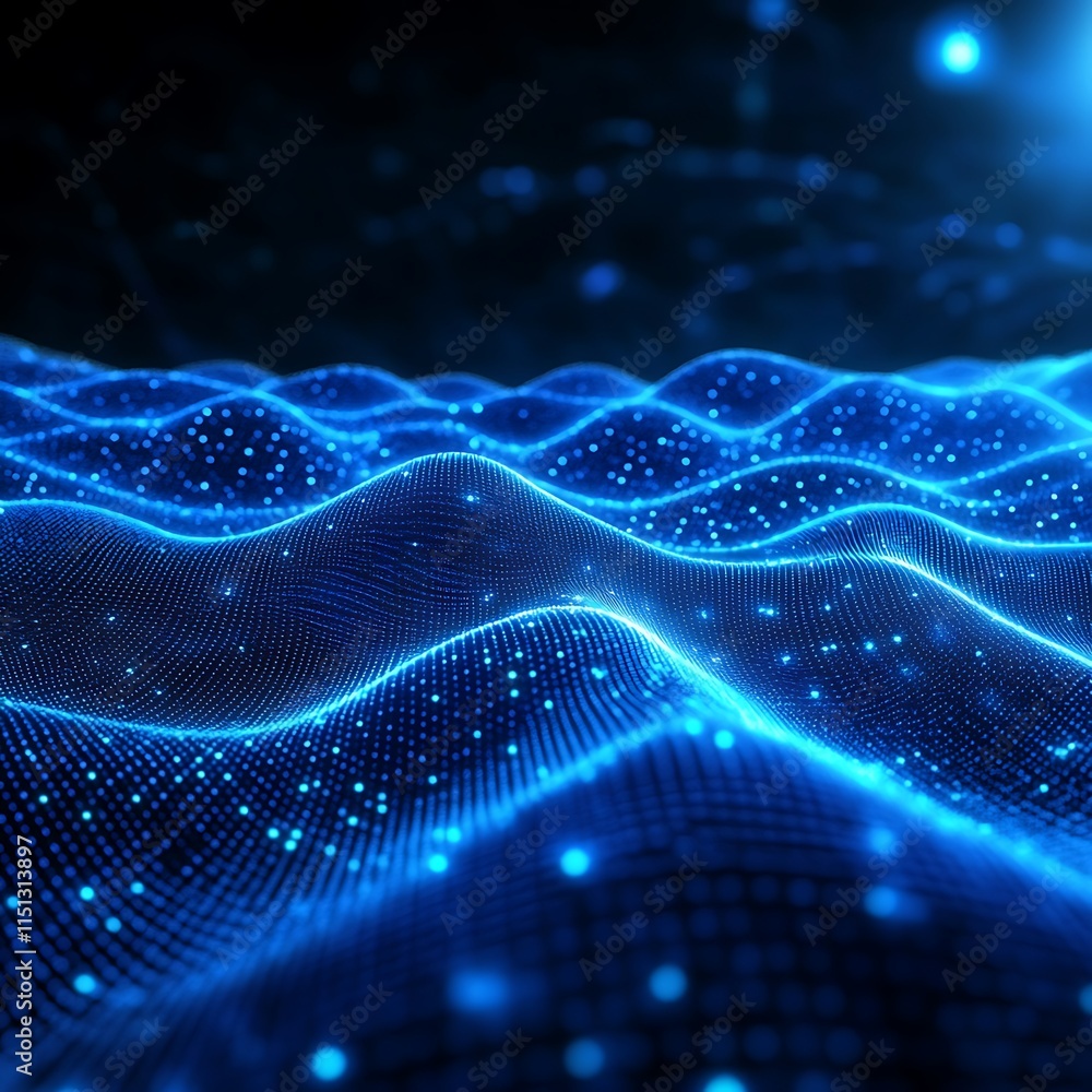 Poster abstract digital waves with glowing particles in a depth of field effect for background design