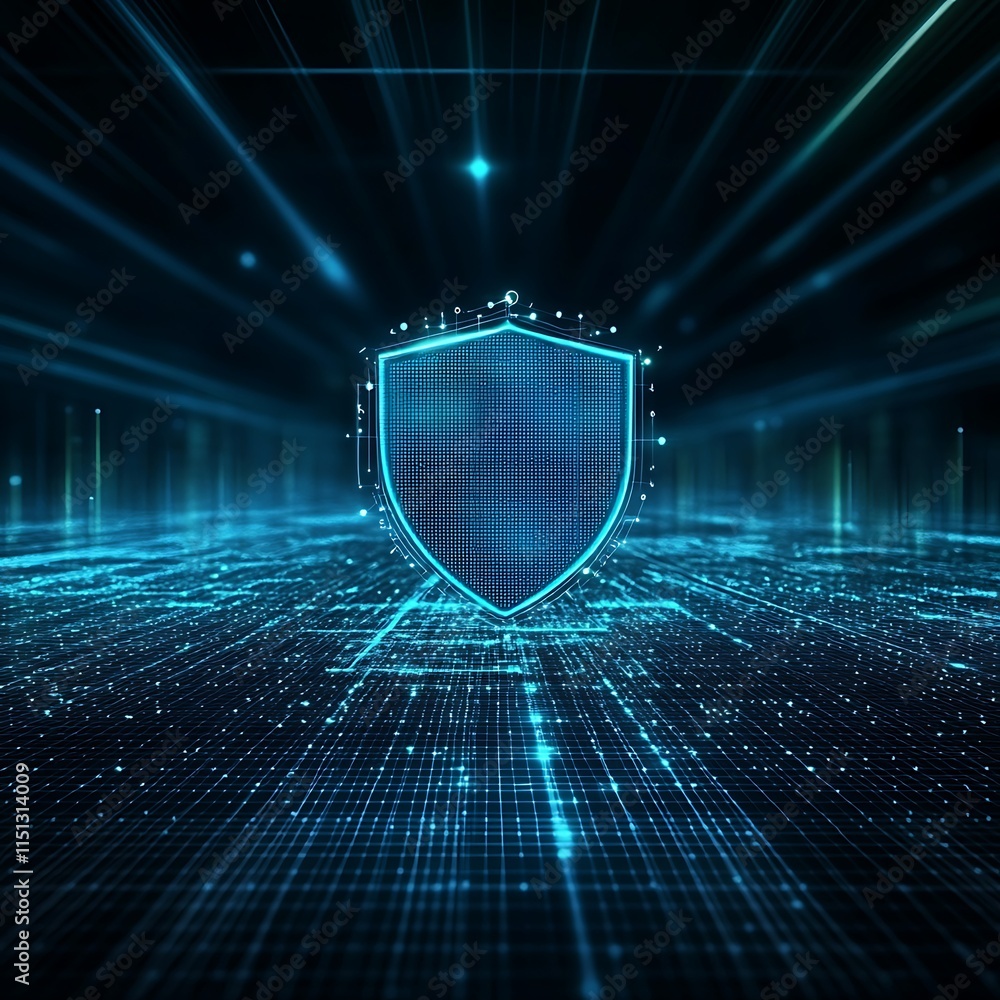 Poster abstract futuristic digital shield with glowing data streams and particles representing cybersecurit