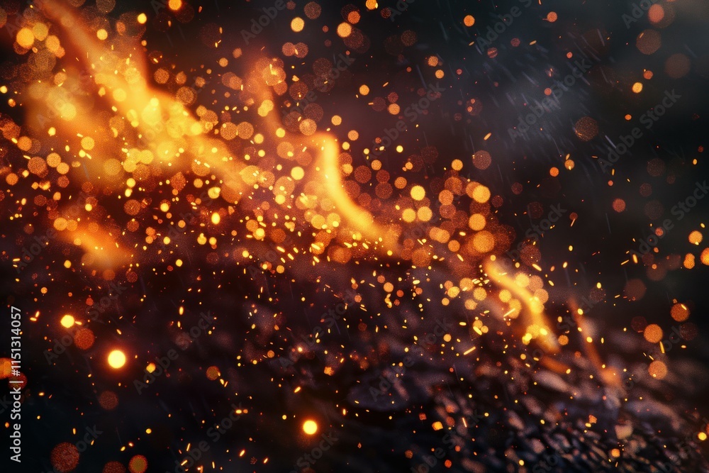 Poster glowing sparks and bokeh effect rising from burning embers in dark background, creating an abstract 