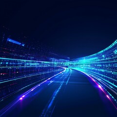 Abstract futuristic motion trails in vibrant blue, purple, and pink colors representing digital speed and technology