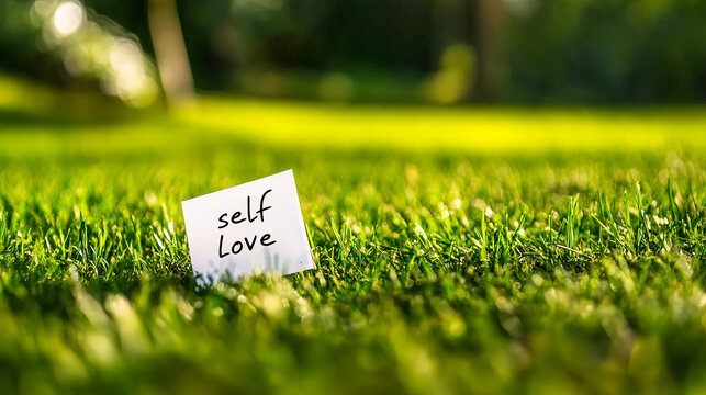 Sunlit grass with note on self love in serene outdoor setting