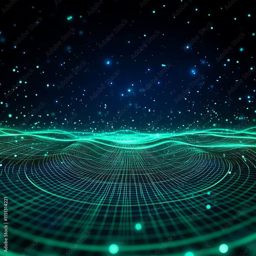 Poster abstract green wave patterns with glowing particles in a dark space background for digital art and d