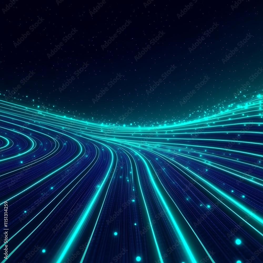 Poster abstract light trails on a dark background representing motion and technology in a futuristic landsc