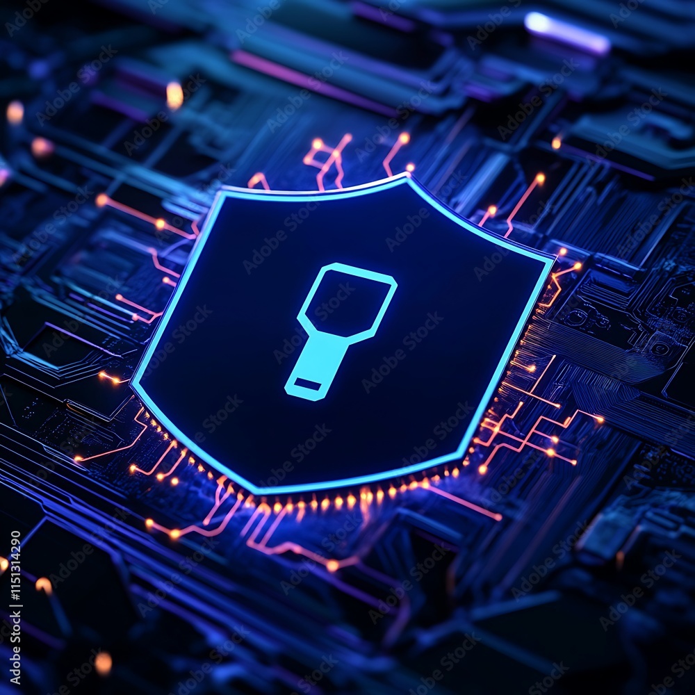Poster abstract technology background with blue shield icon representing cyber security and protection in d