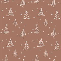 A seamless festive pattern with hand-drawn white Christmas trees, stars, and snowflakes on a Pantone 2025 brown background. Ideal for wrapping paper, holiday decor, and seasonal designs.