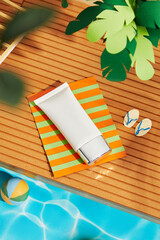 A blue tube mockup was placed top-down on an orange paper mat, with a shelf and a paper palm tree on a brown stripes surface. The perfect swimming pool backdrop is used for sunscreen advertisements.