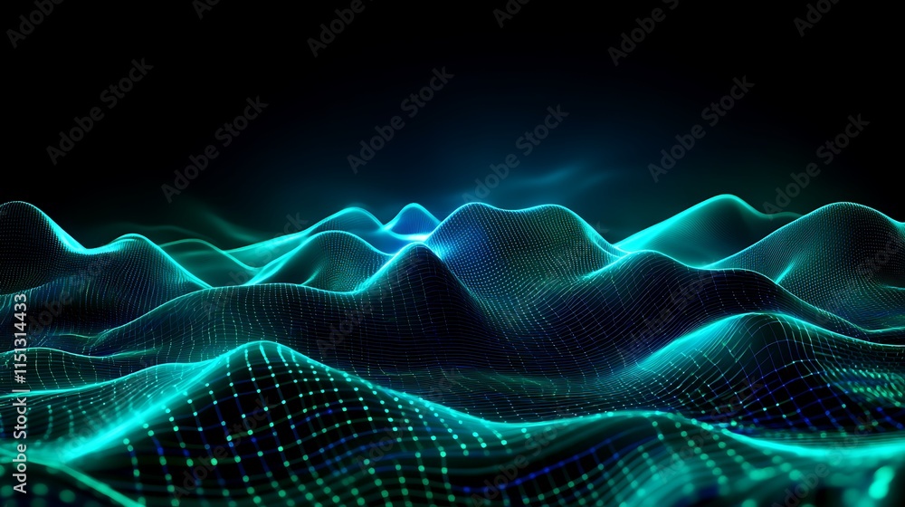 Poster abstract waveform visualization with neon blue and green colors in dark background for digital art p