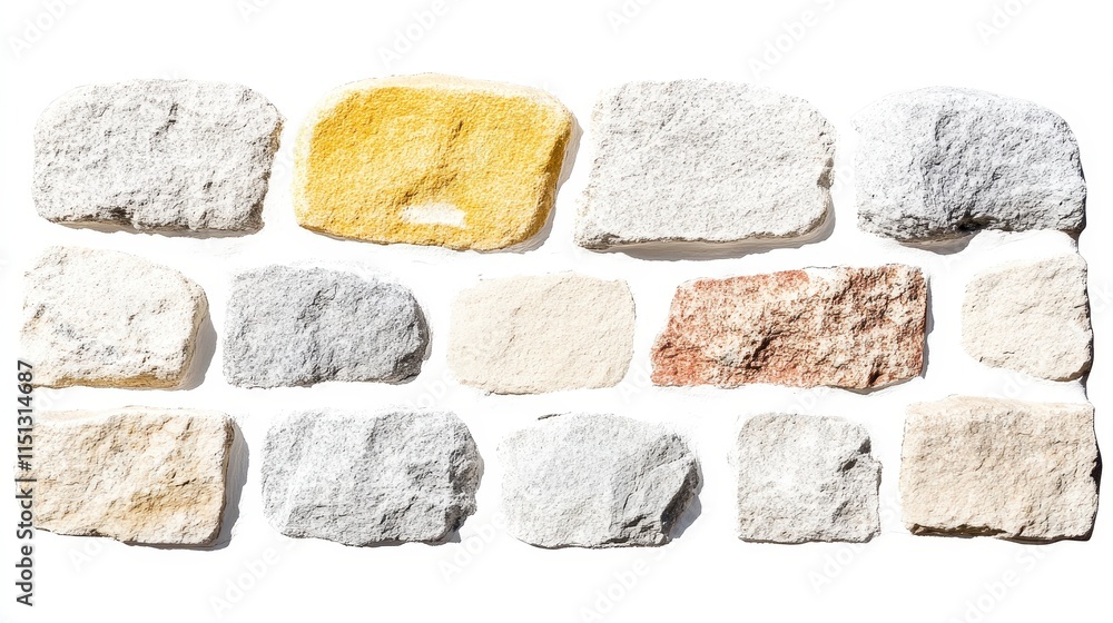 Poster a collection of various textured stones in different colors, arranged neatly to form a decorative wa