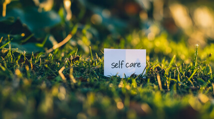 Naklejka premium Serene nature scene with self-care message on grass in sunlight