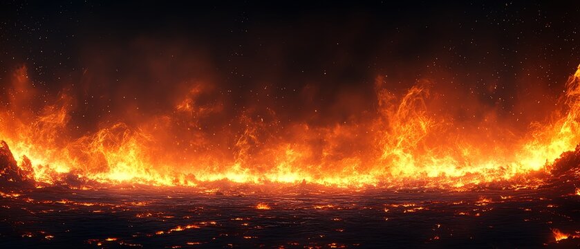 A raging fire in the darkness, with glowing coals and flames leaping into the night, casting a fiery glow and creating a mesmerizing atmosphere