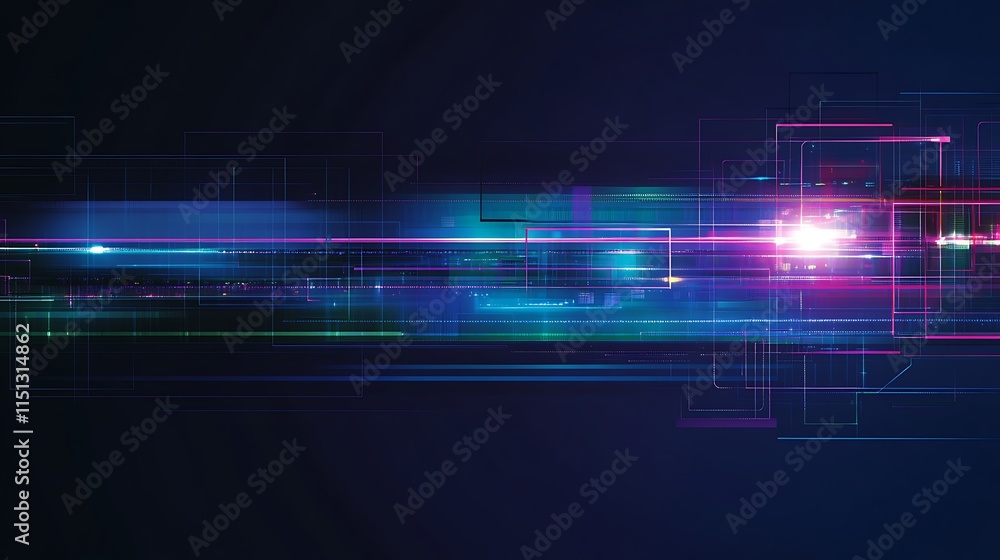 Poster colorful light trails with abstract lines and digital patterns on dark background for creative techn