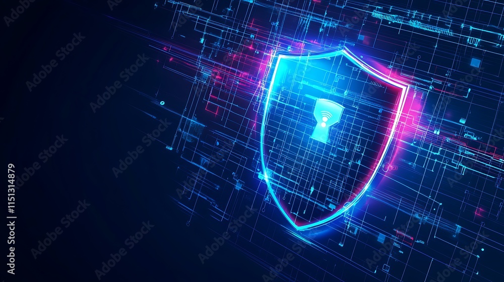 Poster colorful shield symbol with keyhole on digital background representing cybersecurity and protection 