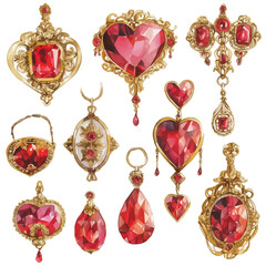 Watercolor Valentine golden antique jewelry isolated on white, illustration of antique jewelry with pink heart jewelry set in watercolor style.