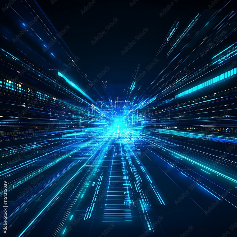 Poster digital abstract visualization of speed and motion with bright light trails in a technological envir