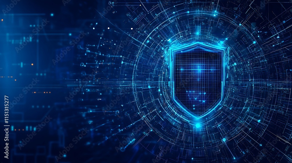 Poster digital cybersecurity shield with abstract technology background and futuristic connections in blue 