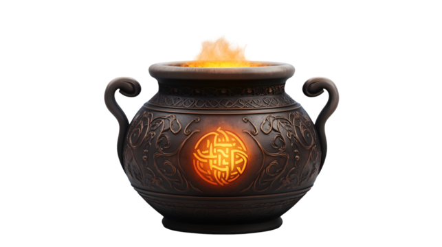 Ornate Bronze Cauldron with Glowing Celtic Knot, Mystical Smoke