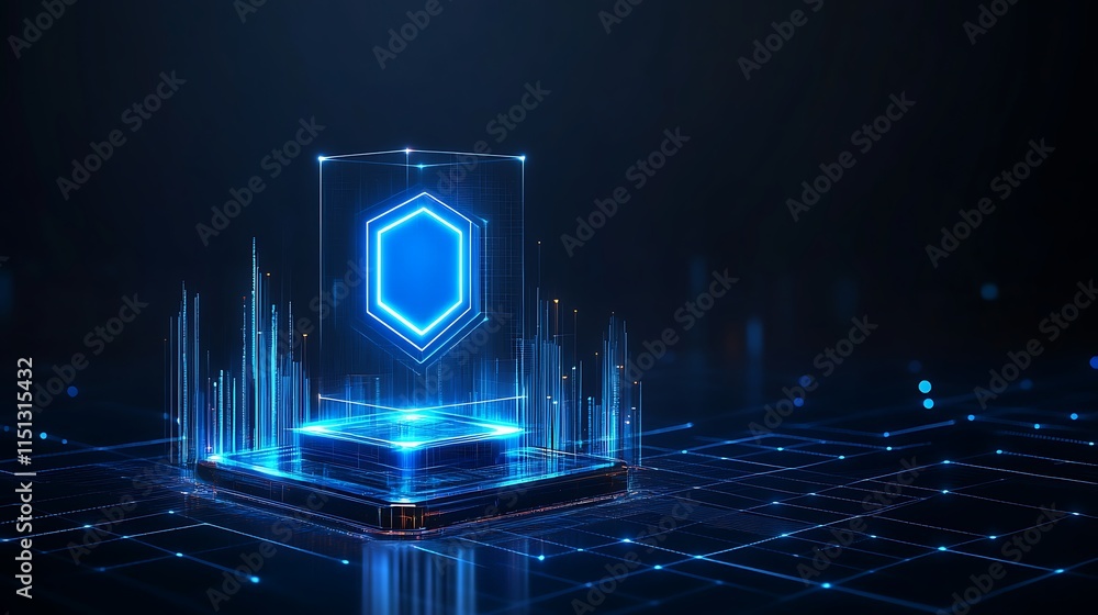 Poster digital hexagon shape in futuristic setting with neon glow and geometric design elements