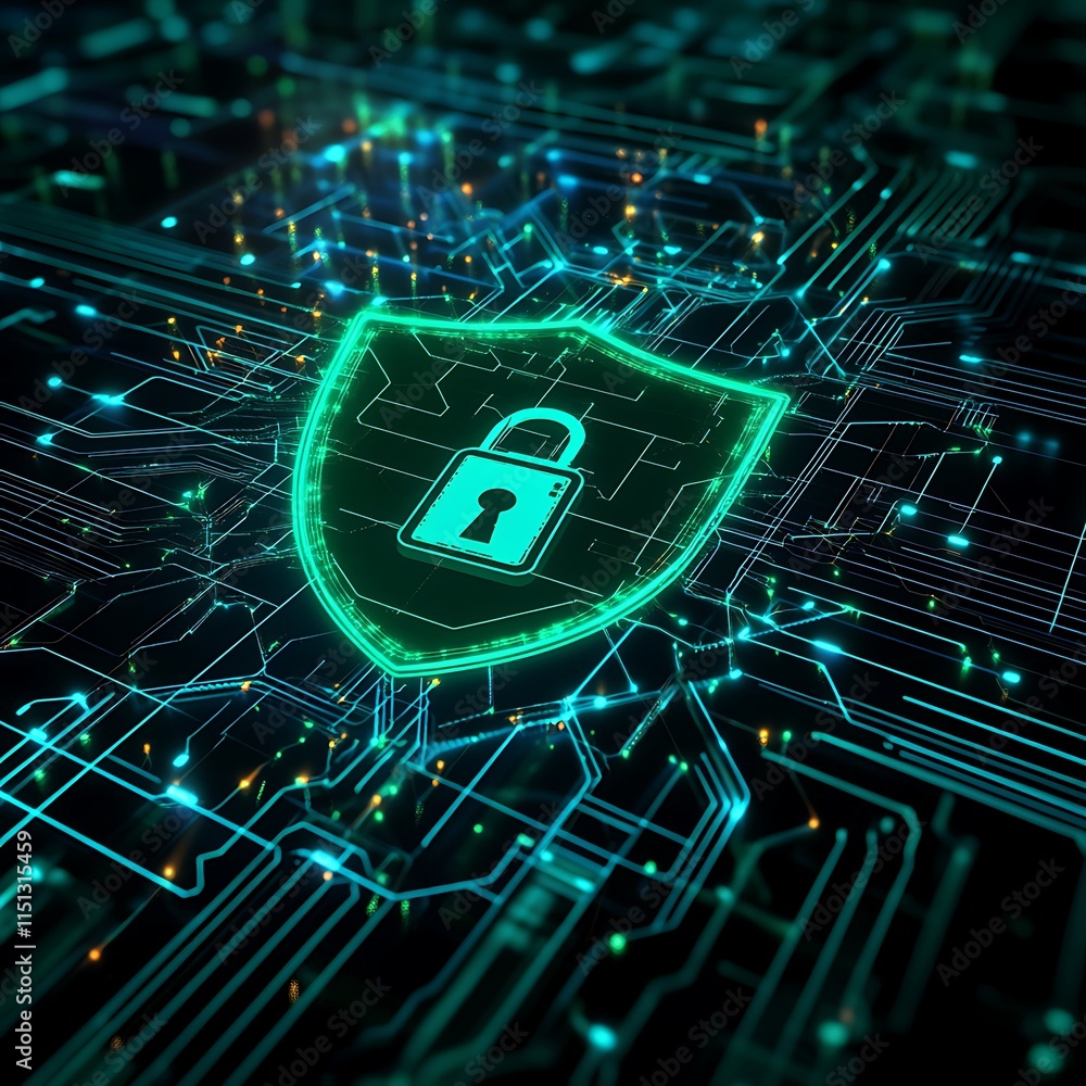 Poster digital lock shield on circuit board background representing cybersecurity and data protection conce