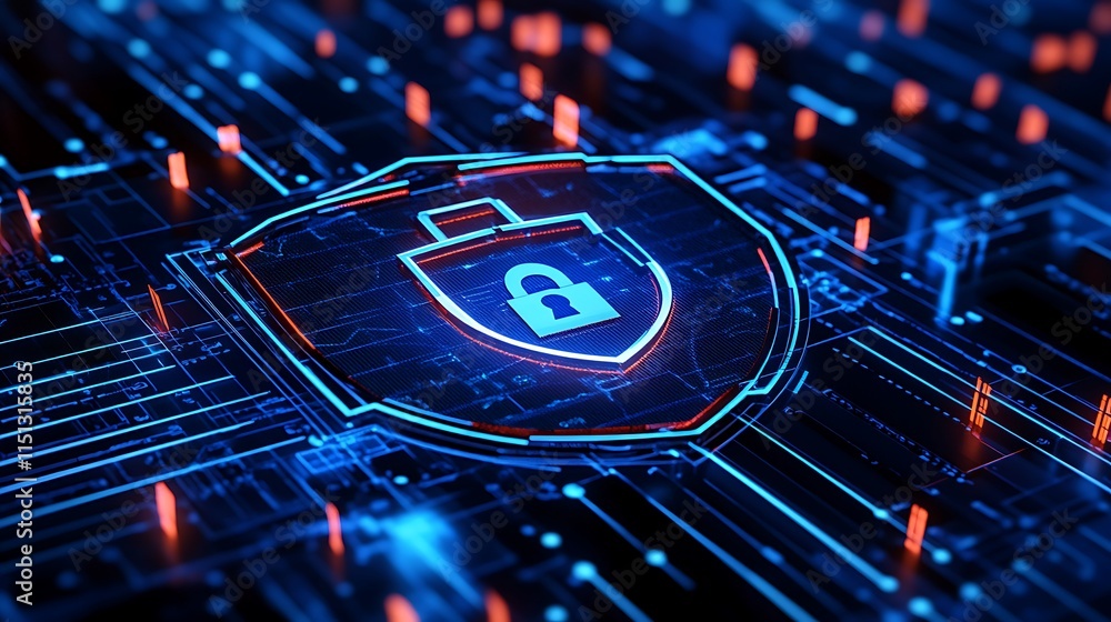 Aufkleber digital security concept with lock shield on abstract circuit background in blue and orange colors