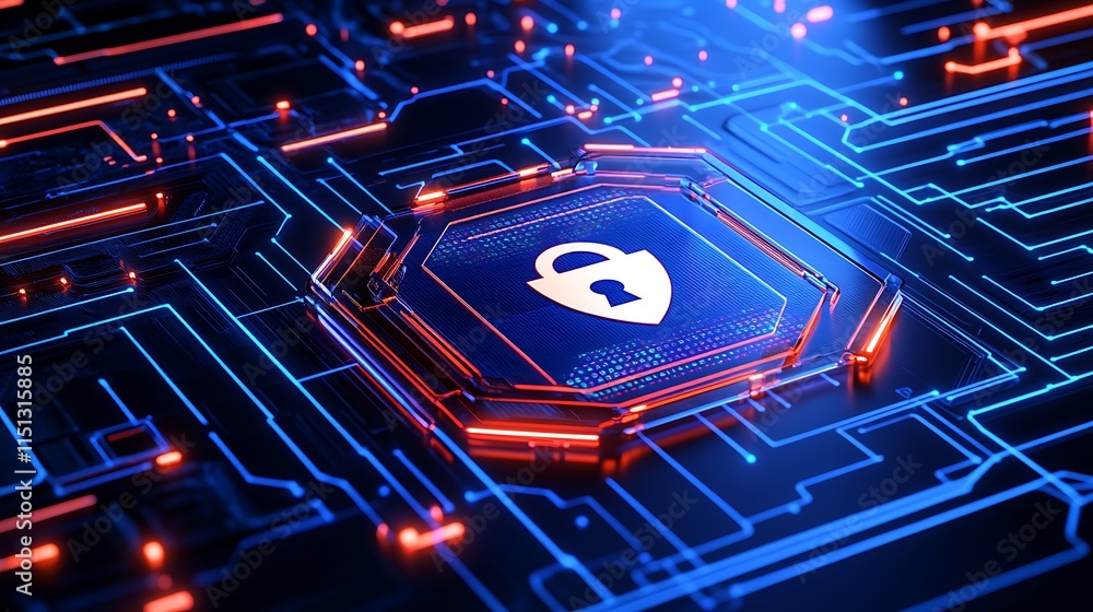 Poster digital security concept with lock symbol on futuristic circuit board background in blue and orange 