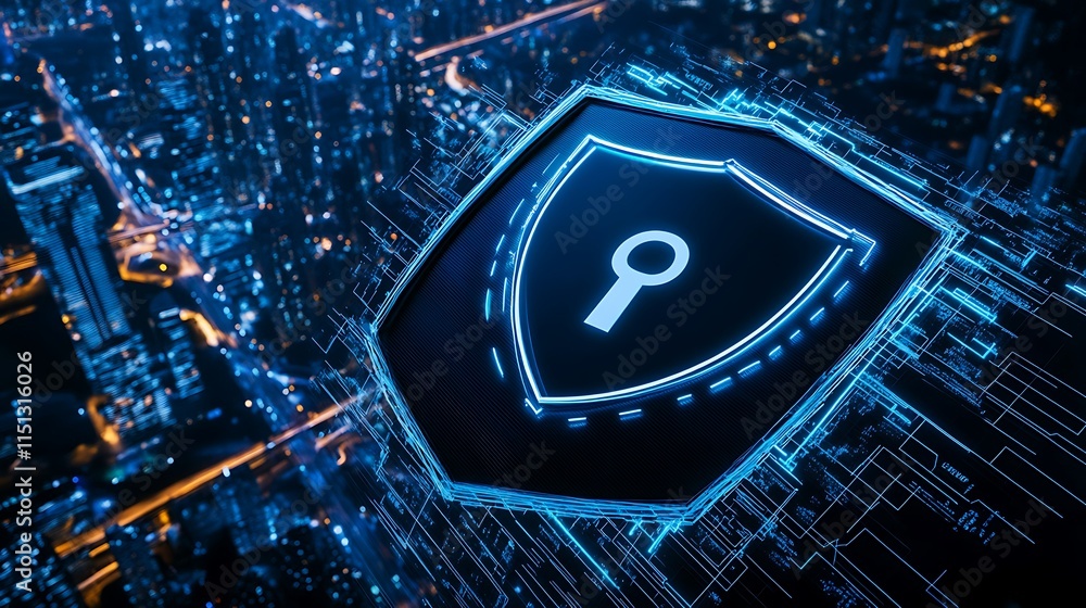 Poster digital security concept with shield icon and cityscape background featuring futuristic technology e