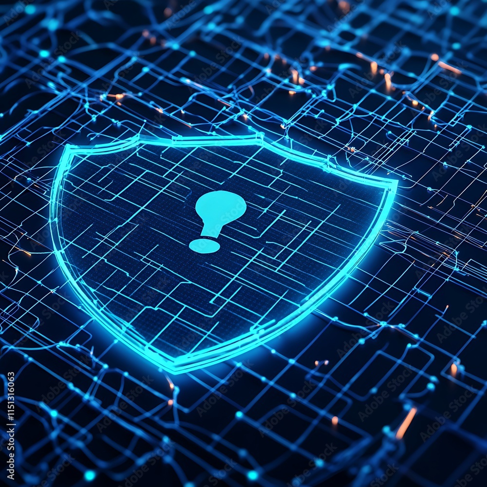 Poster digital security concept with shield icon and question mark on abstract technology background