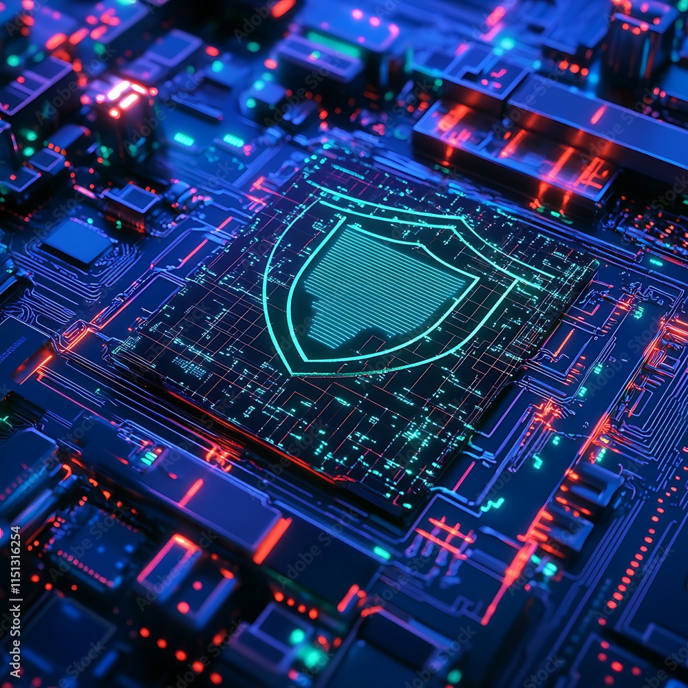 Poster digital security concept with shield symbol on circuit board in neon colors for technology and cyber