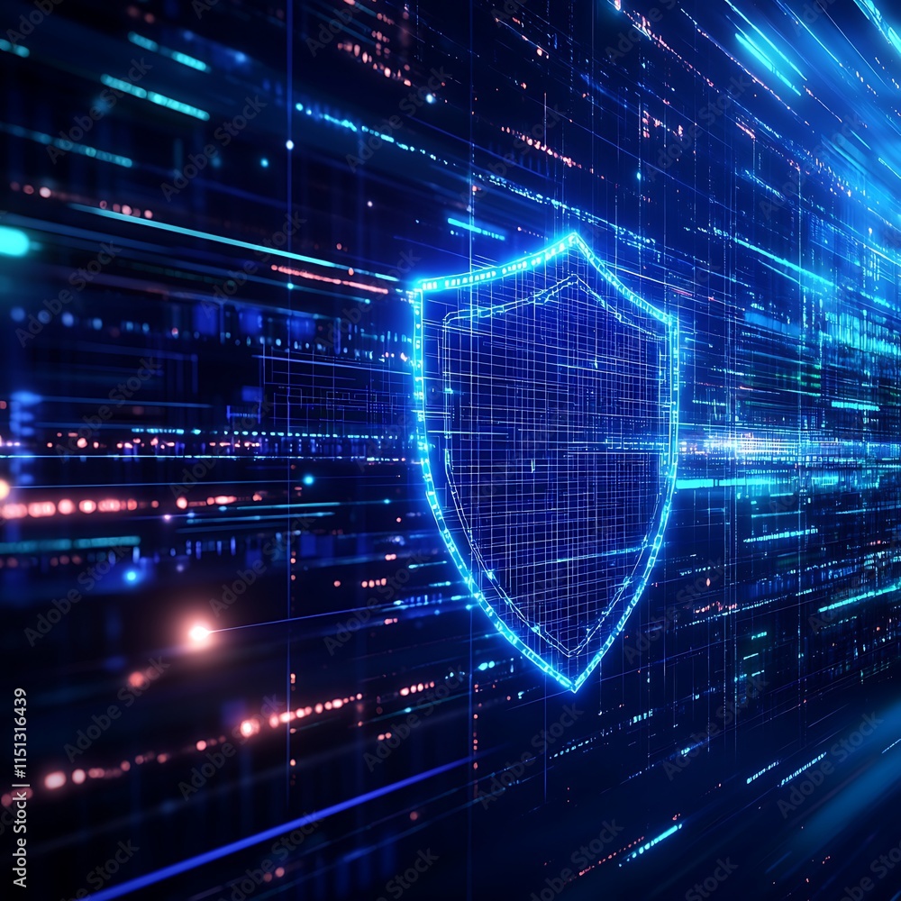 Aufkleber digital security shield concept with data flow and technology background in blue and neon tones